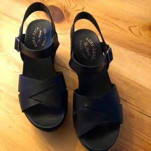 Never worn, black leather Kork ease platform wedge sandals